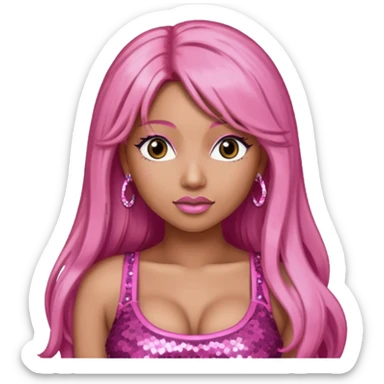 Nicki Minaj with long pink hair, pink sequin crop top, dark brown eye sticker