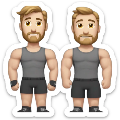 Full height Actively gesturing with hands Pale skinned Fit Man With the biceps and brown hair with Bristle in dark gray Sleeveless Mike, black oversize sports shorts and white Sneakers sticker