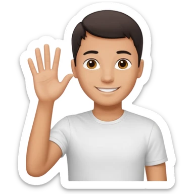 joven bronceado pelo oscuro muy cortito polera blanca sonrisa bonita saludando mano arriba sticker