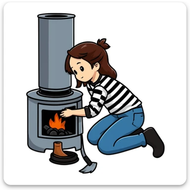 Metal cylindrical coal stove with a girl cleaning it while kneeling, seen from behind, wearing jeans and a striped shirt sticker