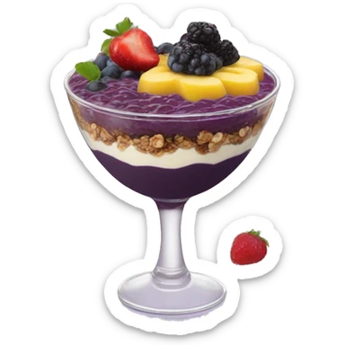 Açaí in a clear cup with layers of fruits and granola and condensed milk sticker
