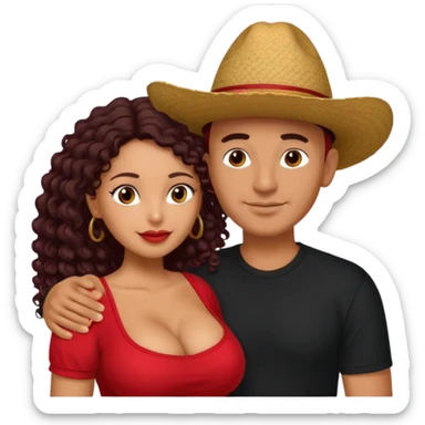 A picture of an embracing tanned couple. the man is a Mexican man with tanned skin, with a bald hair cut wearing a red hat and wearing a black shirt. the woman is mixed, with glasses,  with long curly dark brown hair and with big boobs. Remove the glasses from the guy sticker