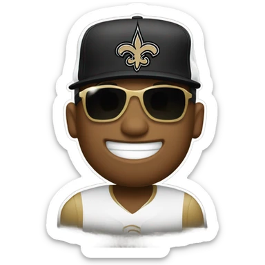 Hart wearing sunglasses and a New Orleans Saints baseball cap sticker
