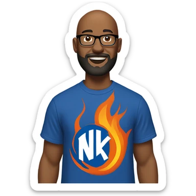 A Bald man with a beard, goatee, and glasses wearing a New York Knick tee shirt while standing and throwing flames. sticker