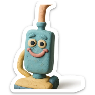 close-up of a playful upright vacuum with an expressive face in claymation style, pastel colors, detailed clay texture sticker
