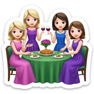 people sitting at a table at a fancy dinner emoji 4 girls one in a blue dress one is a green dress one in a purple dress and one in a pink dress no wine sticker