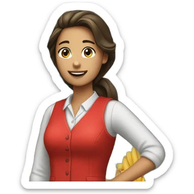 a supermarket woman assistant in a red waistcoat. sticker