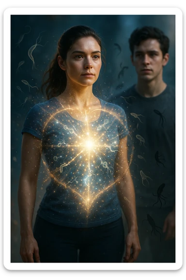 A hyper-realistic, cinematic image showing a young woman with a glowing, radiant aura symbolizing a very strong immune system. She stands confidently, surrounded by a dynamic shield of light particles and molecular energy swirling around her body, especially focused around her abdomen and chest. Against this luminous barrier, faint translucent representations of parasites—small worm-like and protozoan shapes—attempt to approach her but are visibly repelled or disintegrating upon contact with the shield. Nearby, a young man representing her boyfriend is shown with subtle, shadowy parasite silhouettes near him, some reaching toward her but unable to penetrate her immune defenses. The background is softly blurred to keep the focus on the energetic battle at the forefront, with cool blues and warm golds contrasting to symbolize health, vitality, and defense. The lighting is dramatic yet hopeful, with a cinematic 35mm film style emphasizing sharp detail on her determined face and the swirling protective energy. The overall tone conveys resilience, protection, and the unseen battle inside the body. sticker