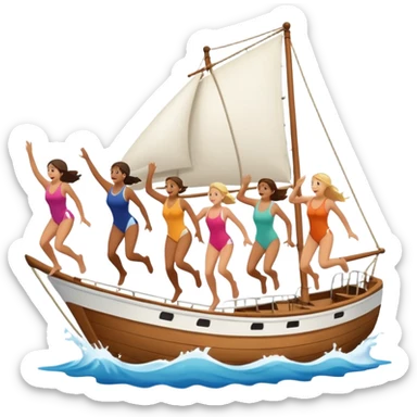 group of people jumping off a sailing ship into the ocean - side view sticker