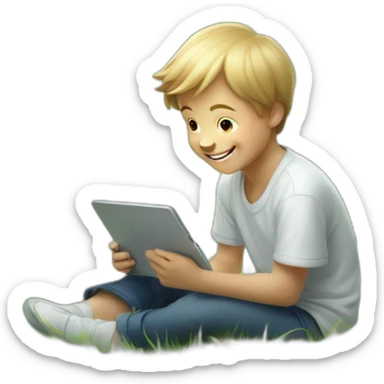 Portray the innocence of a white child sitting on grass, his behind is house, captivated by a tablet, with a beaming happy face that radiates wonder and delighted. sticker