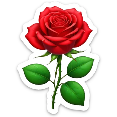 Cinematic Realistic Rose Emoji, Elegant and full of grace, with velvety, deep red petals unfurling in a perfect bloom, dew drops glistening on the soft edges, and a faint fragrance hanging in the air. The lush green leaves surround the stem, creating a vibrant contrast to the rich color of the petals. Soft glowing outline, capturing the essence of timeless beauty and romance in a single bloom. sticker