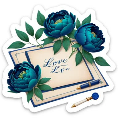 A charming arrangement of deep green peonies placed beside an old blue love letter with an intricate navy blue wax seal. sticker