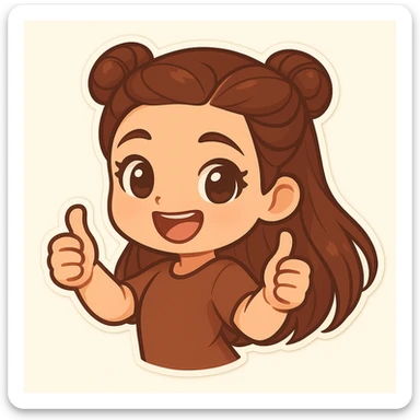 Create a chibi sticker of the girl with double bun hairstyle, giving a thumbs up with both hands, big smile, body turned slightly to the side, energetic and proud, same face and clothes as before. sticker
