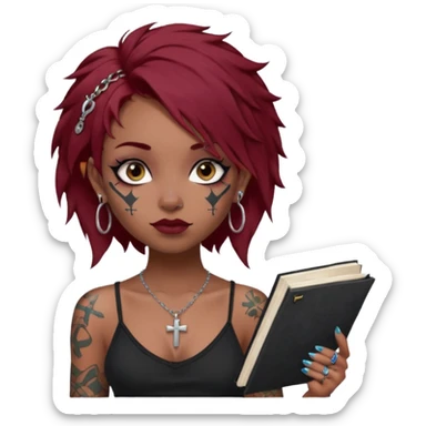 generate an ios genmoji of a girl with dark red messy hair with eyeliner on her eyes.  septum piercing, wearing a cami black top, has tattoos, on shoulders. ear piercings. wearing a cross silver necklace. Holding an overfilled sketchbook. dusky skin color. Holding redbull in the other hand sticker