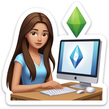 beautiful pale brunette girl with long hair playing the sims4 on computer  sticker