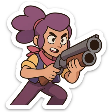 Shelly from Brawl Stars, holding her shotgun, dynamic action, bold outlines sticker