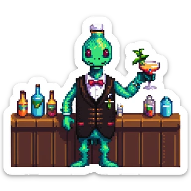 Tipsy bartender mimic creature serving drinks sticker