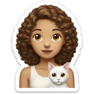 Girl with brown curly hair and brown eyes holding a white cat sticker
