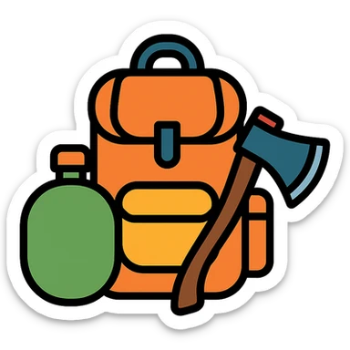 DayZ survival game theme icon with a backpack, canteen, and axe in color outline style sticker