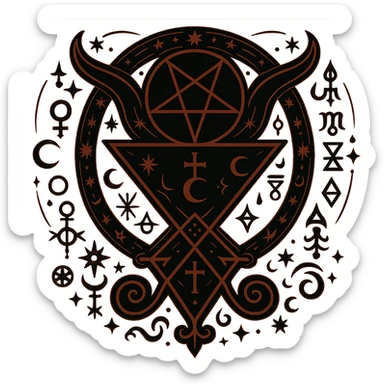 Add more occult symbols to Lucifer's emblem, elegant sigil with intricate and mystical details, black and red color scheme. The emblem should have a transparent background. sticker