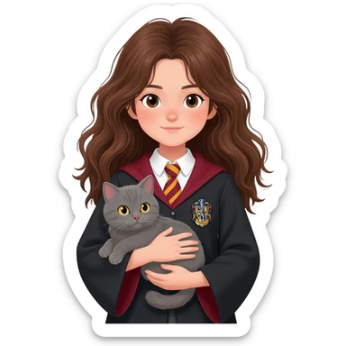 asian girl wearing ravenclaw uniform, long brown messy wavy hair and brown eyes, holding a gray cat in hands sticker