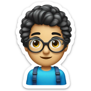 Niño 6 años pelo degradado en los lados, con flequillo recto y por detrás pelo largo negro,. Piel con tono normal, es español. Gafas Y2K (de tecno) grandes con los cristales azules. sticker