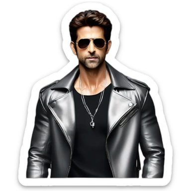 Hrithik roshan wearing men silver chain on a black jacket,styled,cool sticker