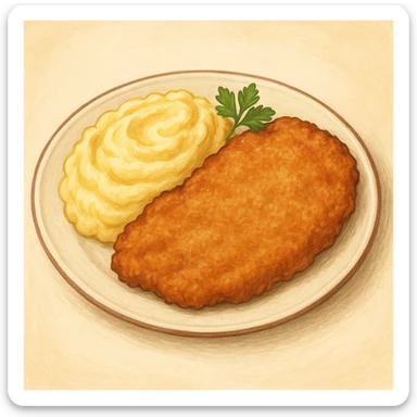 plato de milanesa con puré, el puré junto a la milanesa en el mismo plato, a modo de acompañamiento, ilustración clara y apetitosa sticker
