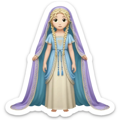 Joven de unos 20 años, de aspecto dulce y elegante.
Piel clara, ojos (pueden ser azules o verdes)
Rubio o castaño claro, largo, con trenzas o velo.
Vestido largo de tonos suaves (blanco, azul o lavanda), con bordados dorados; un manto o toca fina cubriendo la cabeza. Todo el cuerpo sticker