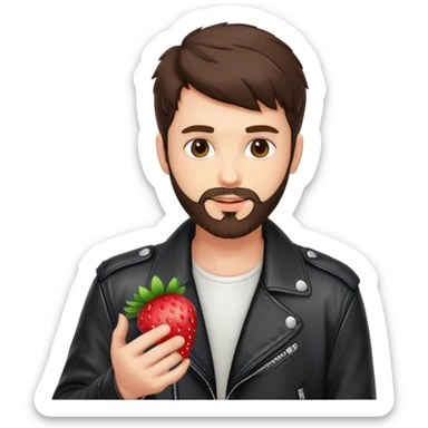 dressed with a black leather jacket, a brunette guy with a beard and toupee, holding a strawberry in love sticker