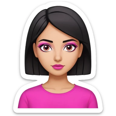 middle eastern girl with short black straight hair, bold eyeliner wearing a hot pink shirt sticker