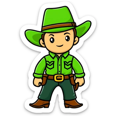 Cartoon cowboy with bright green outfit and matching green cowboy hat, western style sticker