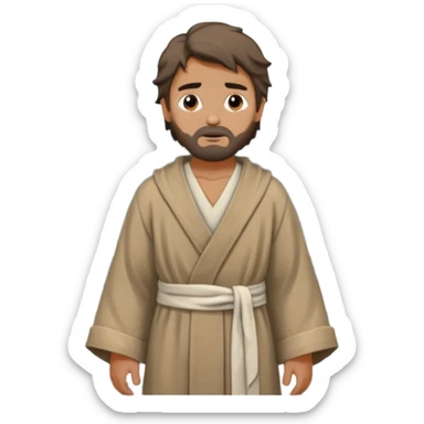 A biblical illustration of Jonah, a weary prophet with simple robes, standing on a stormy seashore. sticker