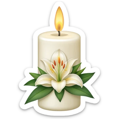 white candle with a lily bow sticker