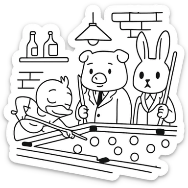 Cute scene for coloring: a duck, pig, and rabbit playing billiards in a bar, with a billiard table, cues, balls, and environment details. Simple line style, no fill, ideal for children to color. sticker