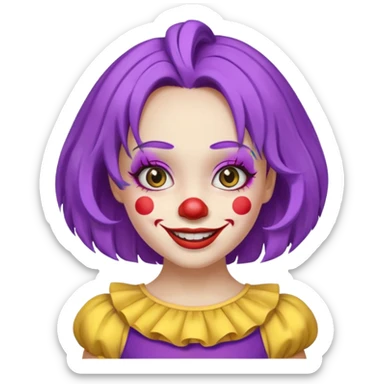 Clown girl with the human style. Has a purple wig, simple makeup, and a yellow dress sticker