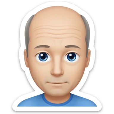 Middle aged man with black-greyish receding hairline, some hair on top, small blue eyes, clear face, shy smile sticker