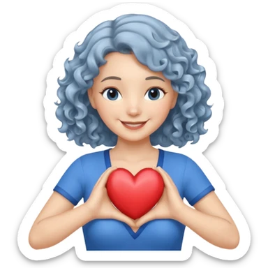silver, wavy/curly hair chin-length lady giving hug with 2 arms, blue v-neck and smilingm add a heart sticker