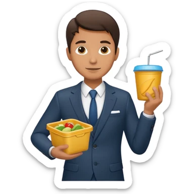 man with suit holding food container sticker