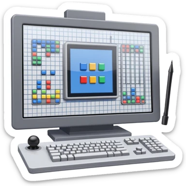 Emoji for Game Design: computer screen with Professional game development interface, 3D models, pixel art and design tools like grid, wireframe, joystick, stylus. Symbolizes the technical and creative process of game development. Transparent background. sticker