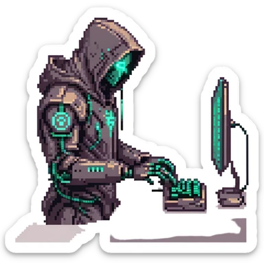 Dark cybernetic robot hacker with neon details, hood, typing on keyboard, hacking code sticker
