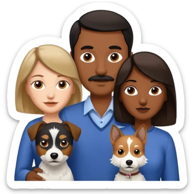 Quiero a una mujer blanca  con el pelo por el hombro lacio castaño  con un hombre de color morochito con el pelo negro y bigote, y un perro blanco Fox terrier  sticker