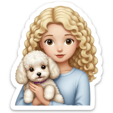A girl -with long blond curly hair- holding- a bichon frise -and- a teddy dog sticker