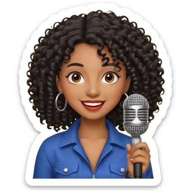 brown skin woman, curly black hair, singer, hold micro sticker