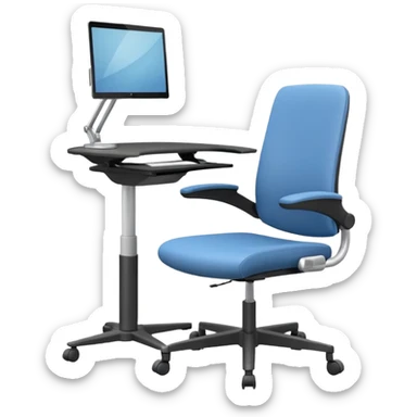 3D minimal icon of a height-adjustable motion desk with a modern ergonomic office chair, featuring a subtle accent in #FF3D00. Clean, high-end, and modern style. sticker