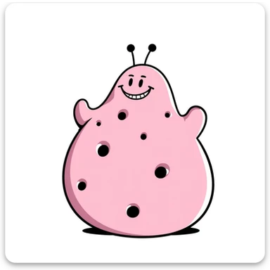 Majin Buu from Dragon Ball Z, pink blob monster with holes, antenna on head, mischievous smile sticker