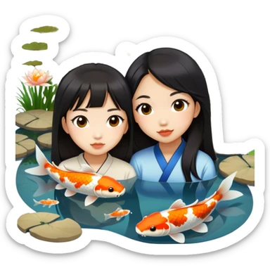 two asian girls koi pond sticker