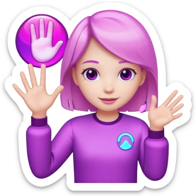 Friendly round AI mascot with a neon C badge, floating hologram in hands, purple-magenta glow. sticker