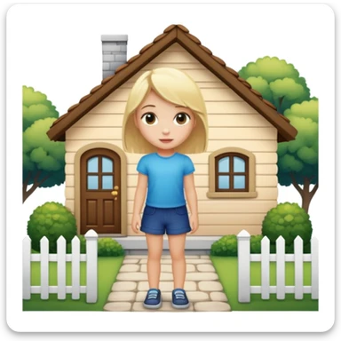 a blonde girl standing outside a small cute home sticker