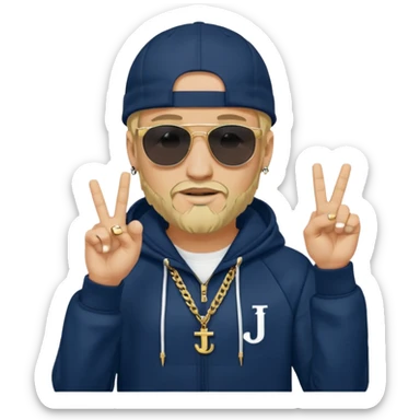 The French rapper Jul. Light skin, trimmed beard, dark navy tracksuit with hood, backwards cap, black sunglasses. Blond hair. both index and middle fingers pointing downward, forming a "J and L" shape. Gold chain and a smirk. Look evoke a Marseille urban vibe. sticker